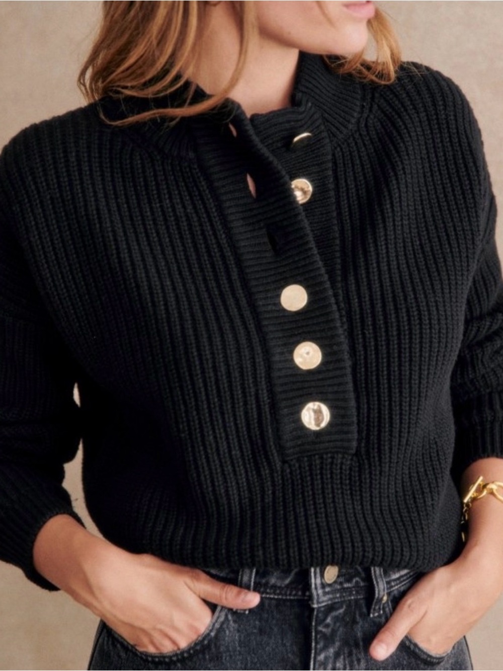Sezane Black Ribbed Button-Placket Sweater